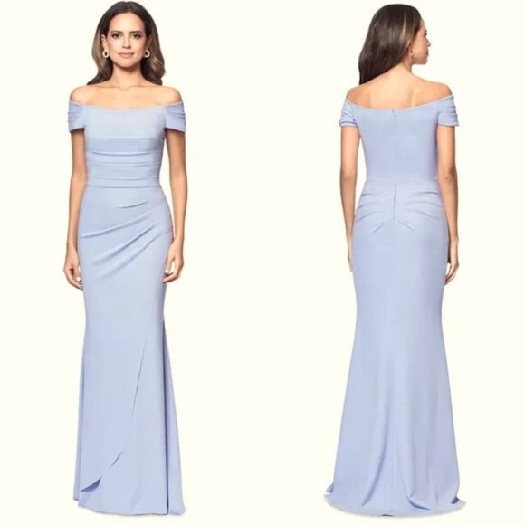 Xscape Sky Blue Ruffled Off-The-Shoulder Gown - Picture 1 of 2